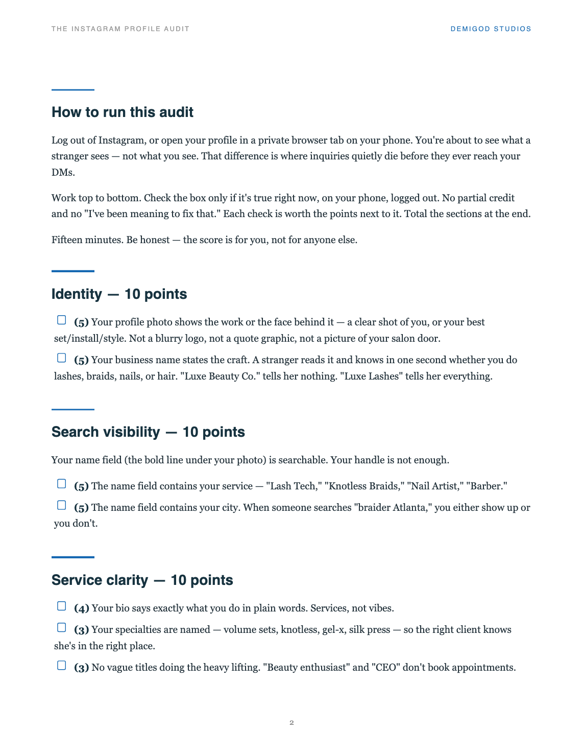 Instagram Profile Audit — scored checklist